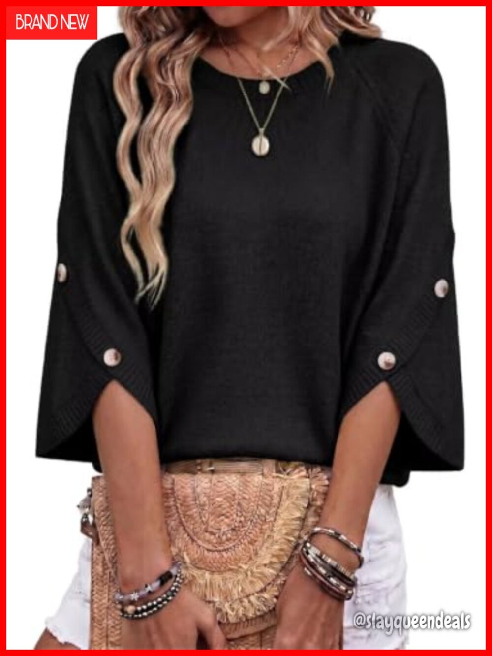 Womens Oversized Knit Pullover Sweater Button 3/4 Sleeve Crewneck Casual